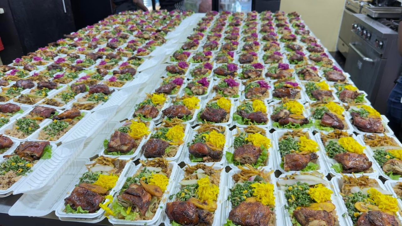 Grote catering voor een feest — rijen klaargemaakte porties